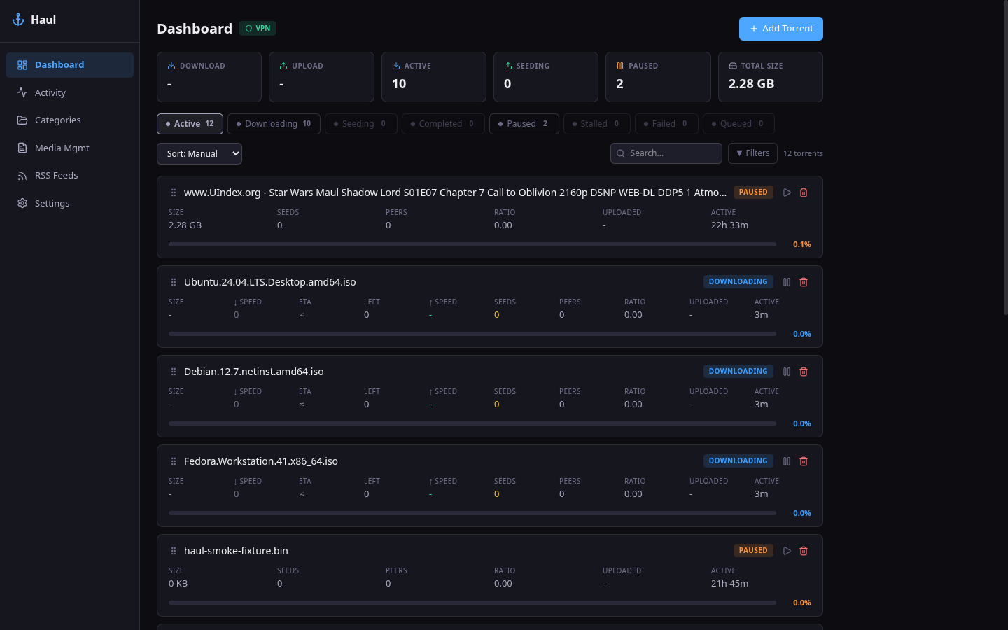 Haul dashboard — twelve torrents with status filter pills, sort, search, and per-row size, peers, ratio, and progress