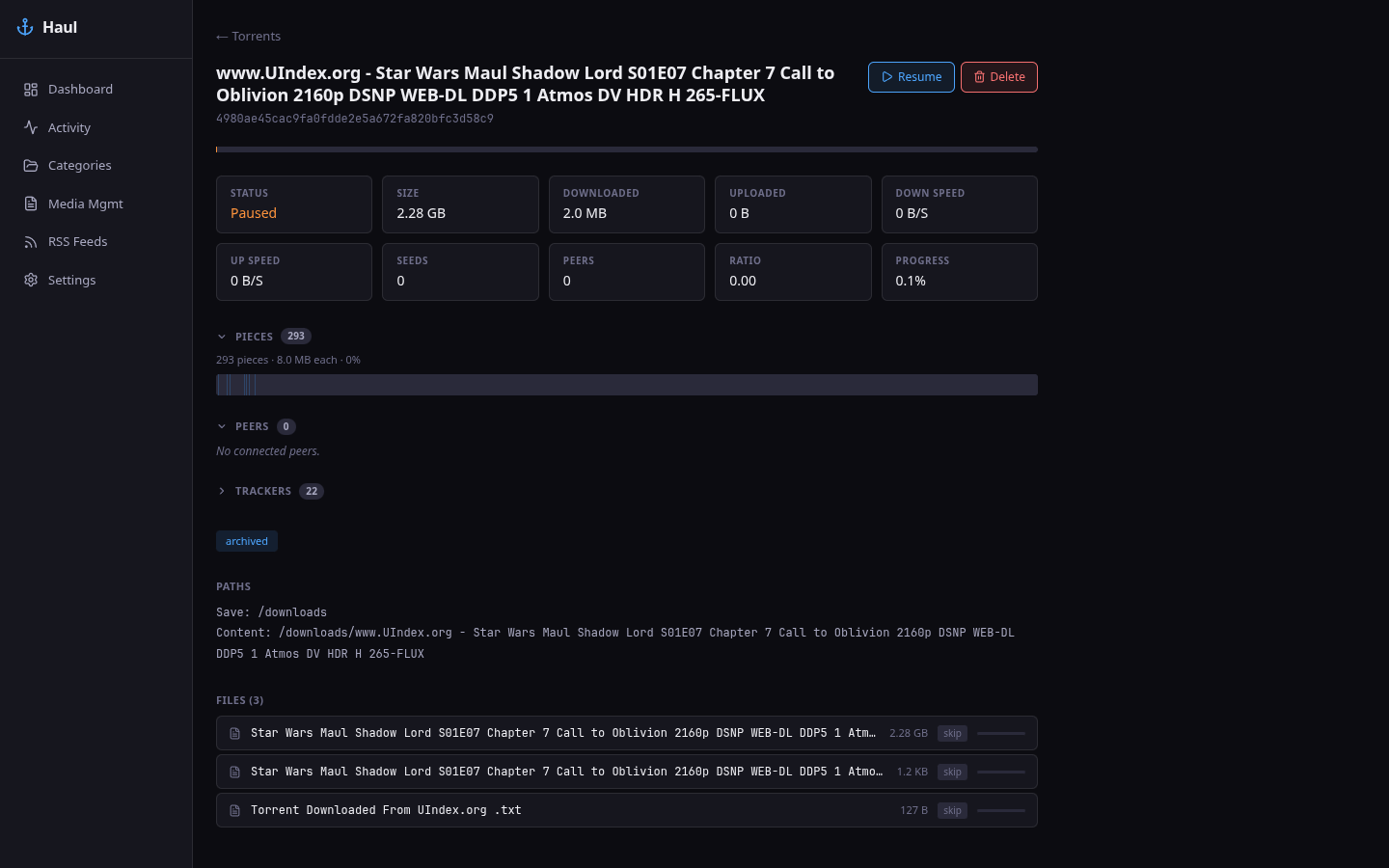 Haul torrent detail — status, size, downloaded, peers, ratio, piece map visualization, trackers, paths, and file list