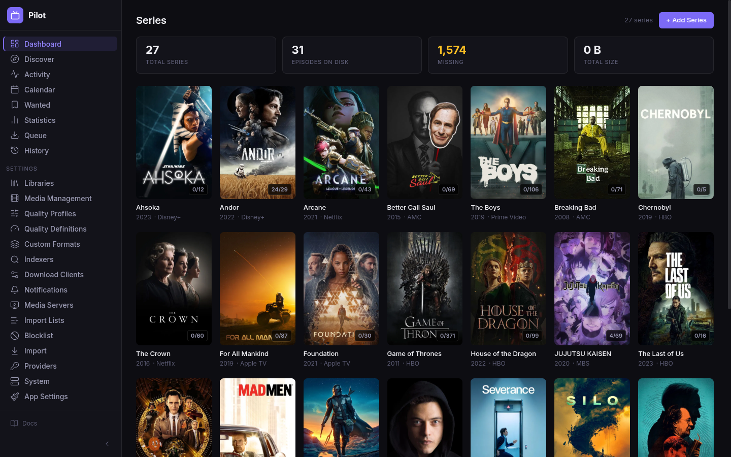Pilot library — grid of TV series posters with episode counts and per-show progress