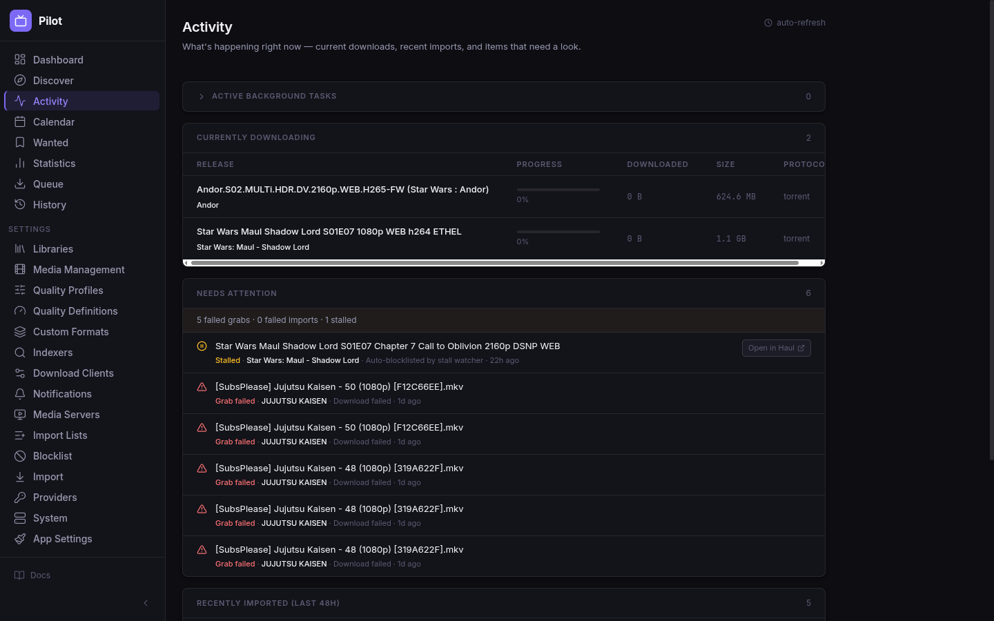 Pilot Activity tab showing the four rails — active tasks, currently downloading, needs attention with stall + grab failure rows, and recently imported
