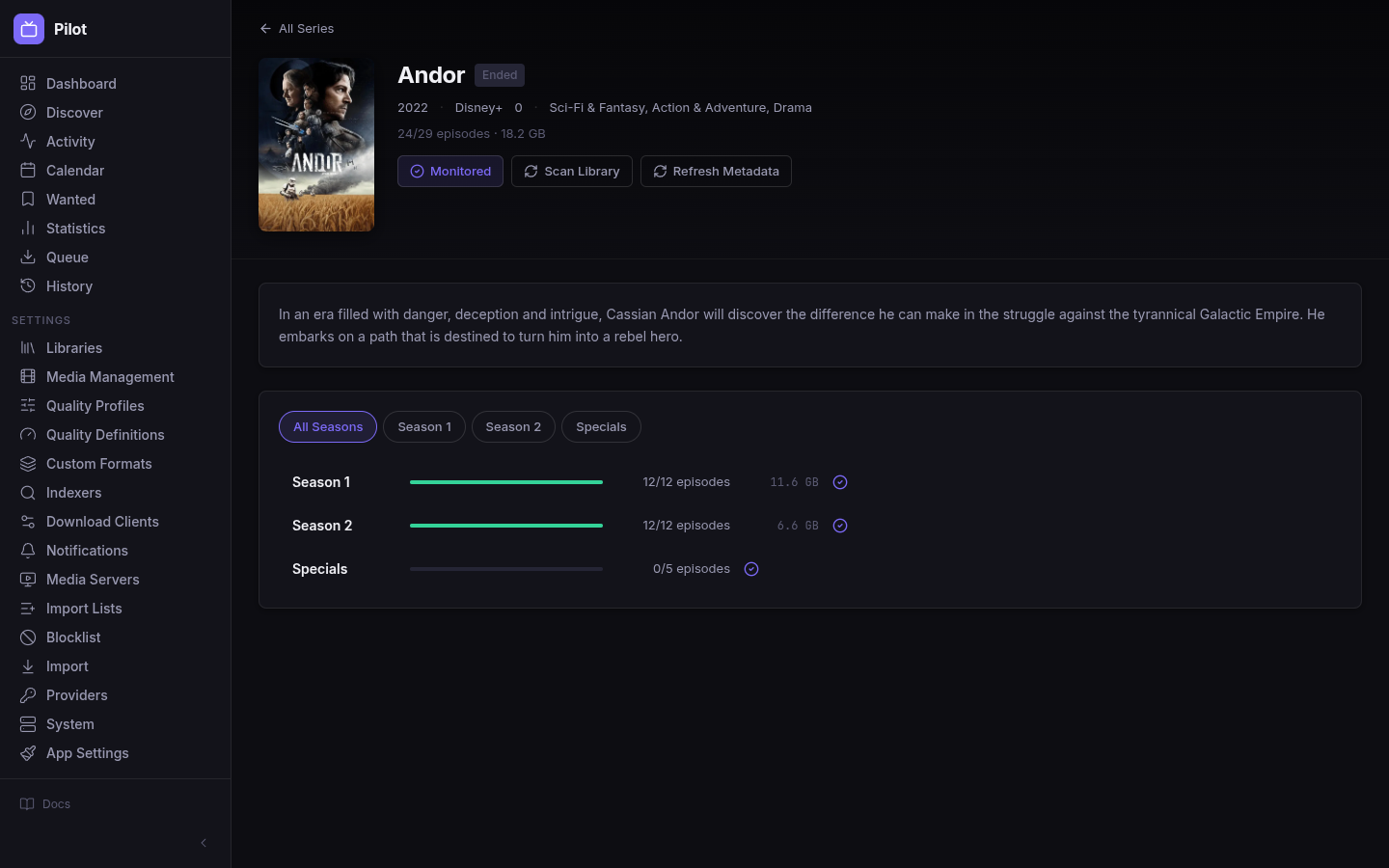 Pilot series detail for Andor — season tabs with download progress bars