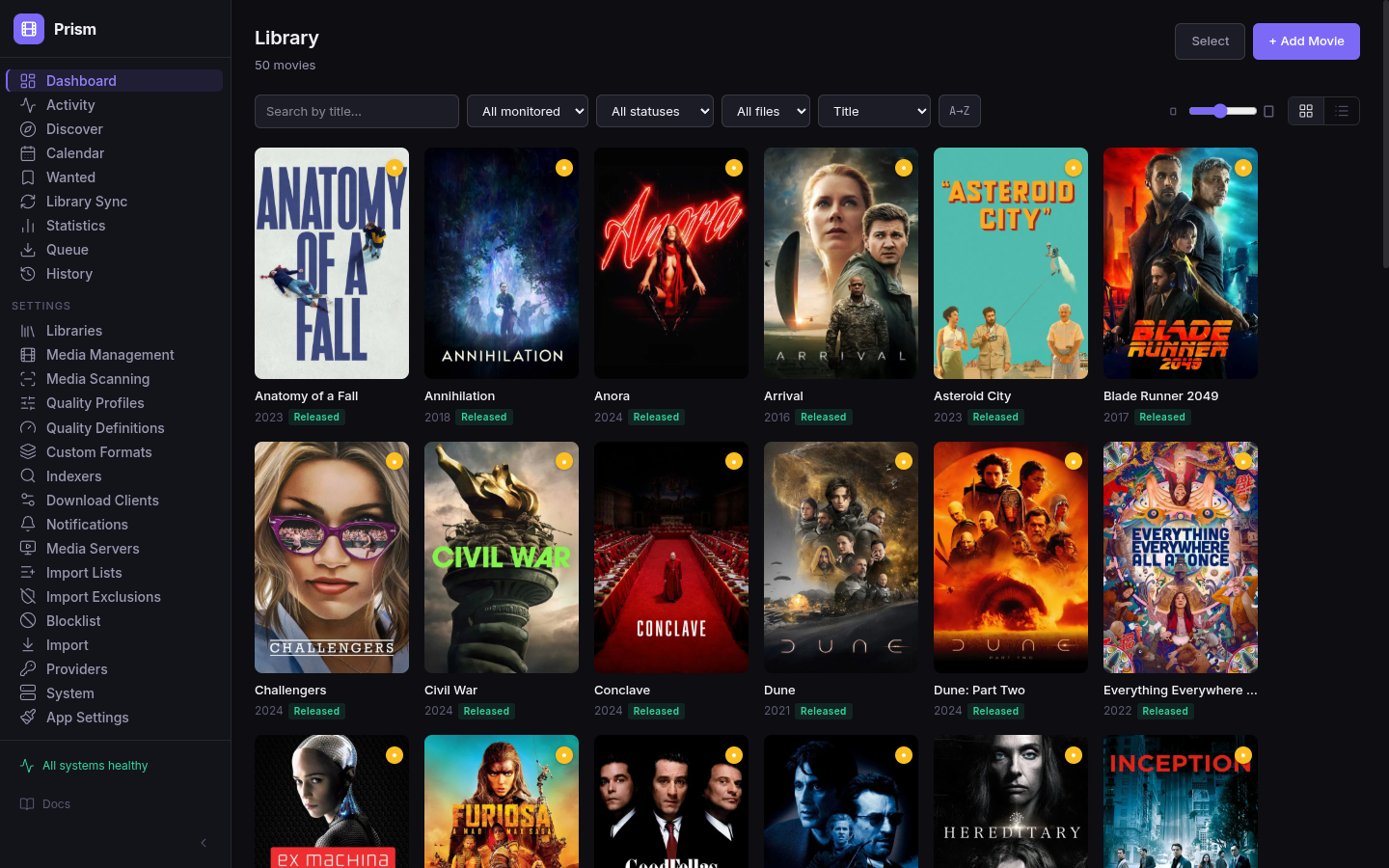 Prism library — grid of fifty movie posters with status badges and search and sort filters