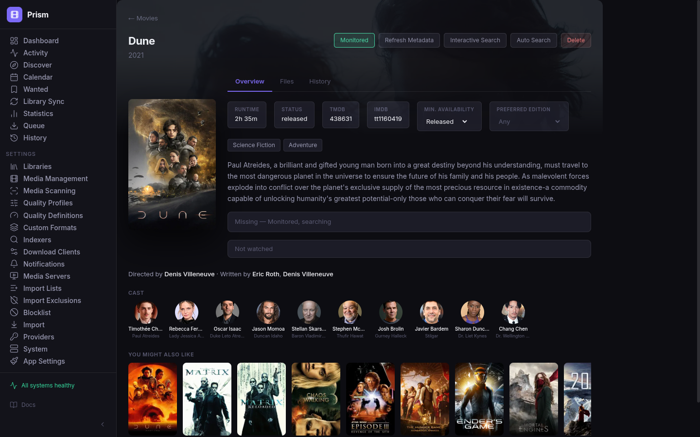 Prism movie detail for Dune — runtime, status, edition selector, cast list, and recommended movies