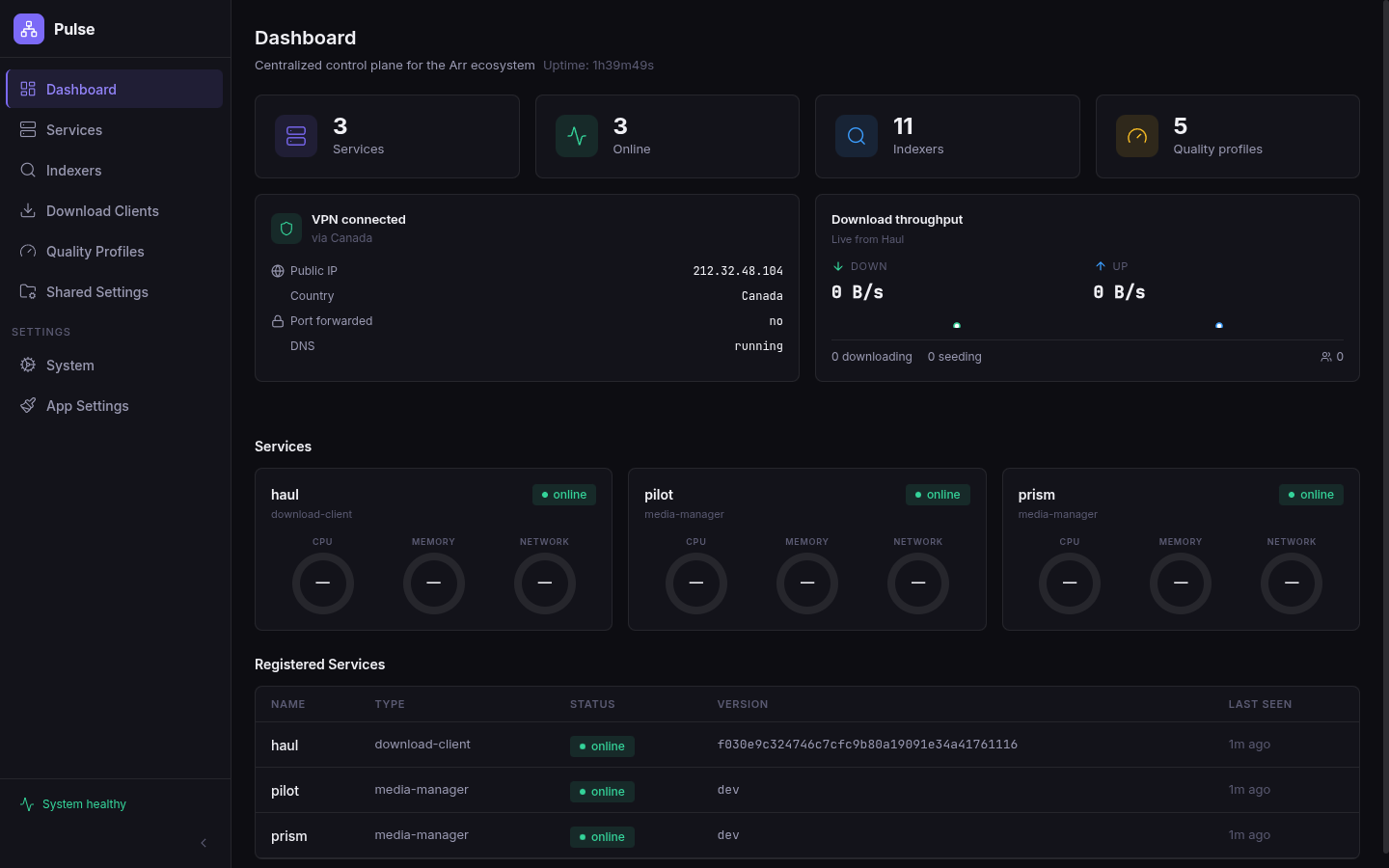 Pulse dashboard showing VPN connection panel, registered services with health, and download throughput