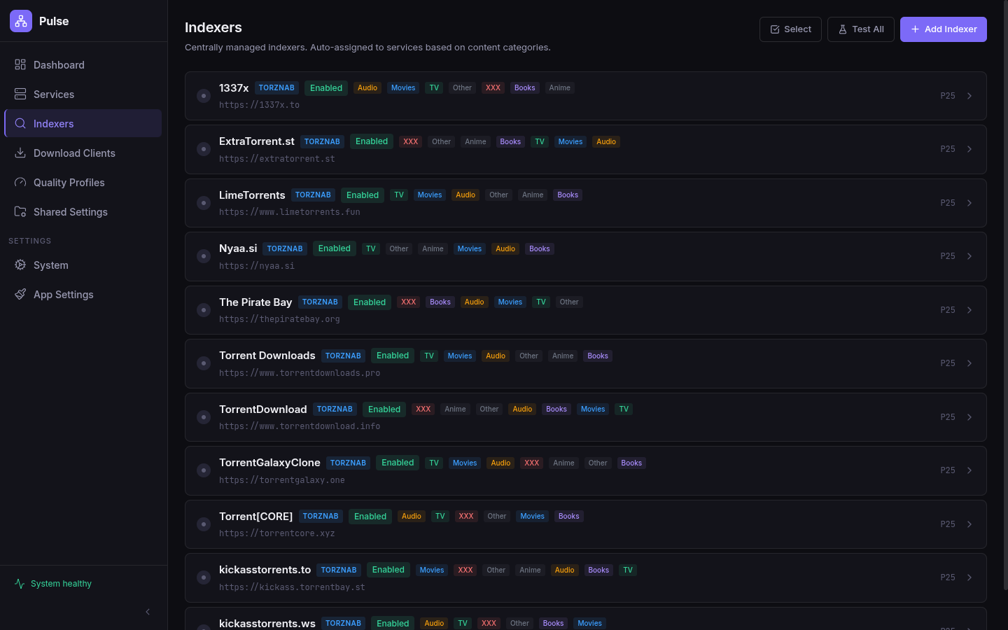 Pulse indexers list with Torznab category badges across eleven configured indexers
