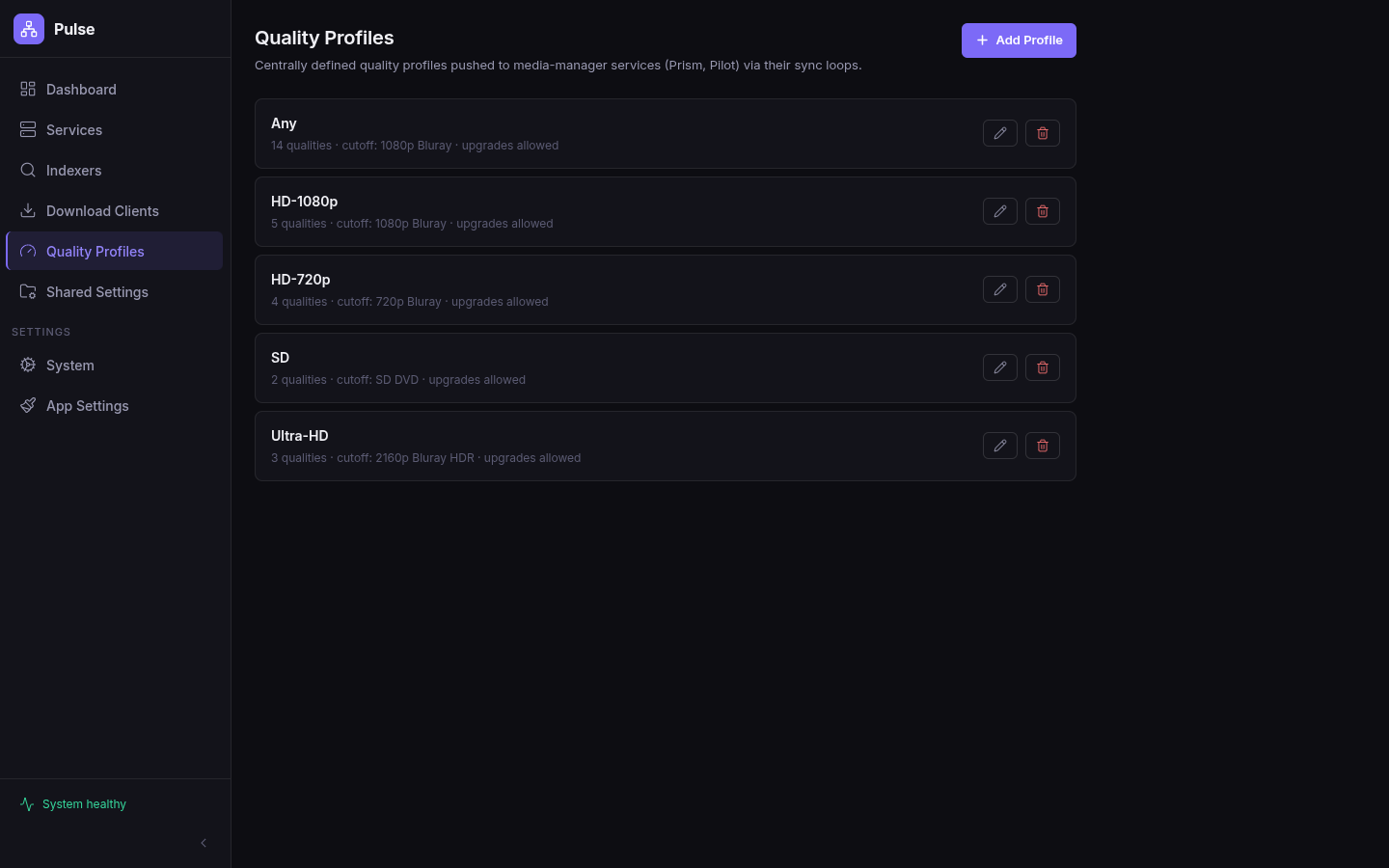 Pulse quality profiles list — Any, HD-1080p, HD-720p, SD, Ultra-HD